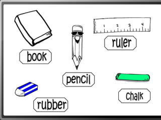 book rubber ruler chalk pencil