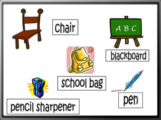 pencil sharpener pen school bag chair blackboard