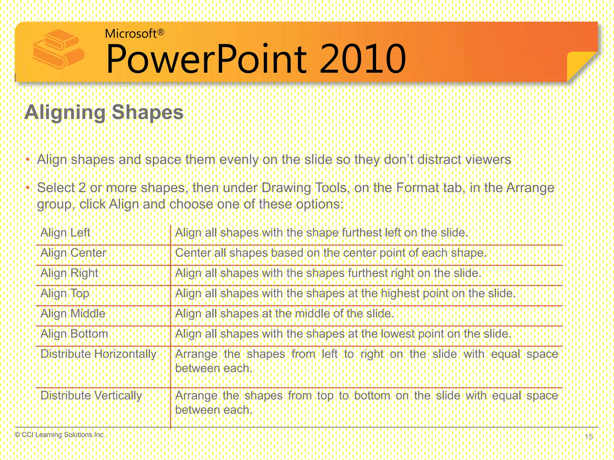 Microsoft®
PowerPoint 2010
• Align shapes and space them evenly on the slide so they don’t distract viewers
• Select 2 or more shapes, then under Drawing Tools, on the Format tab, in the Arrange
group, click Align and choose one of these options:
Aligning Shapes
Align Left Align all shapes with the shape furthest left on the slide.
Align Center Center all shapes based on the center point of each shape.
Align Right Align all shapes with the shapes furthest right on the slide.
Align Top Align all shapes with the shapes at the highest point on the slide.
Align Middle Align all shapes at the middle of the slide.
Align Bottom Align all shapes with the shapes at the lowest point on the slide.
Distribute Horizontally Arrange the shapes from left to right on the slide with equal space
between each.
Distribute Vertically Arrange the shapes from top to bottom on the slide with equal space
between each.
15© CCI Learning Solutions Inc.
 