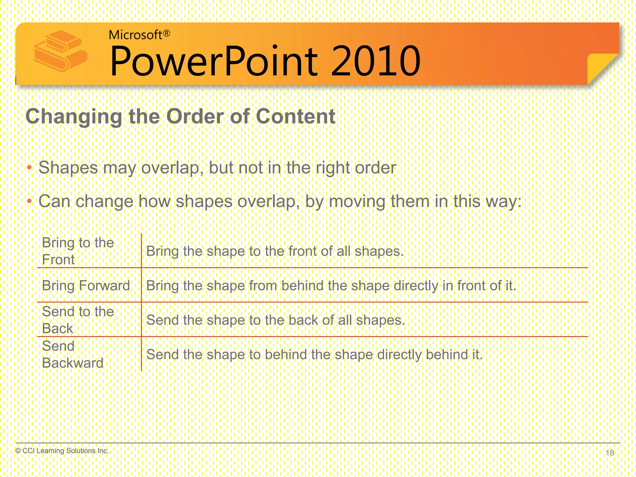 Microsoft®
PowerPoint 2010
• Shapes may overlap, but not in the right order
• Can change how shapes overlap, by moving them in this way:
Changing the Order of Content
Bring to the
Front
Bring the shape to the front of all shapes.
Bring Forward Bring the shape from behind the shape directly in front of it.
Send to the
Back
Send the shape to the back of all shapes.
Send
Backward
Send the shape to behind the shape directly behind it.
18© CCI Learning Solutions Inc.
 