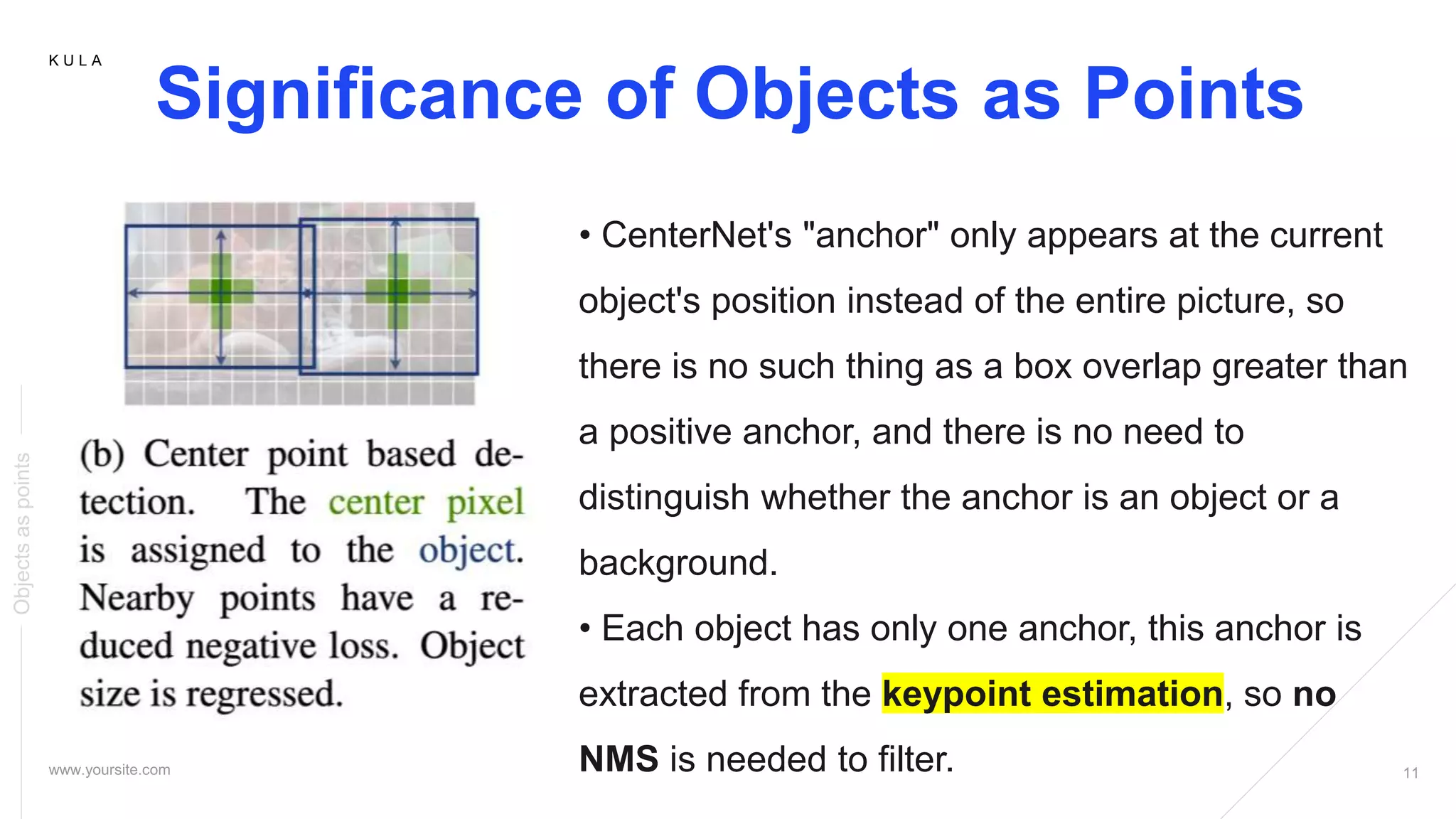K U L A
Significance of Objects as Points
Objectsaspoints
• CenterNet's "anchor" only appears at the current
object's position instead of the entire picture, so
there is no such thing as a box overlap greater than
a positive anchor, and there is no need to
distinguish whether the anchor is an object or a
background.
• Each object has only one anchor, this anchor is
extracted from the keypoint estimation, so no
NMS is needed to filter.
 