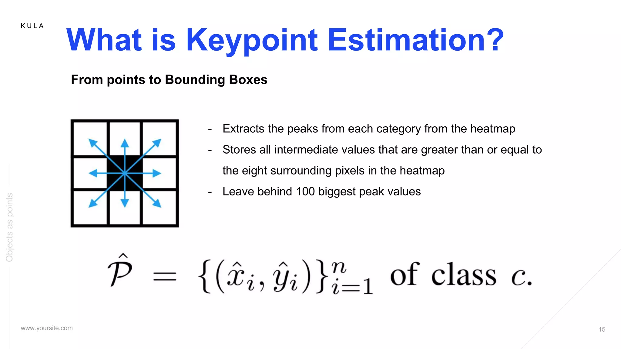 K U L A
What is Keypoint Estimation?
Objectsaspoints
From points to Bounding Boxes
- Extracts the peaks from each category from the heatmap
- Stores all intermediate values that are greater than or equal to
the eight surrounding pixels in the heatmap
- Leave behind 100 biggest peak values
 