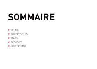 SOMMAIRE
1/ KEZAKO
2/ CHIFFRES CLÉS
3/ ENJEUX
4/ EXEMPLES
5/ IDO ET IDÉAUX
 