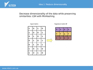 www.vitech.com.ua
Idea 1: Reduce dimensionality
Decrease dimensionality of the data while preserving
similarities: LSH with MinHashing
 