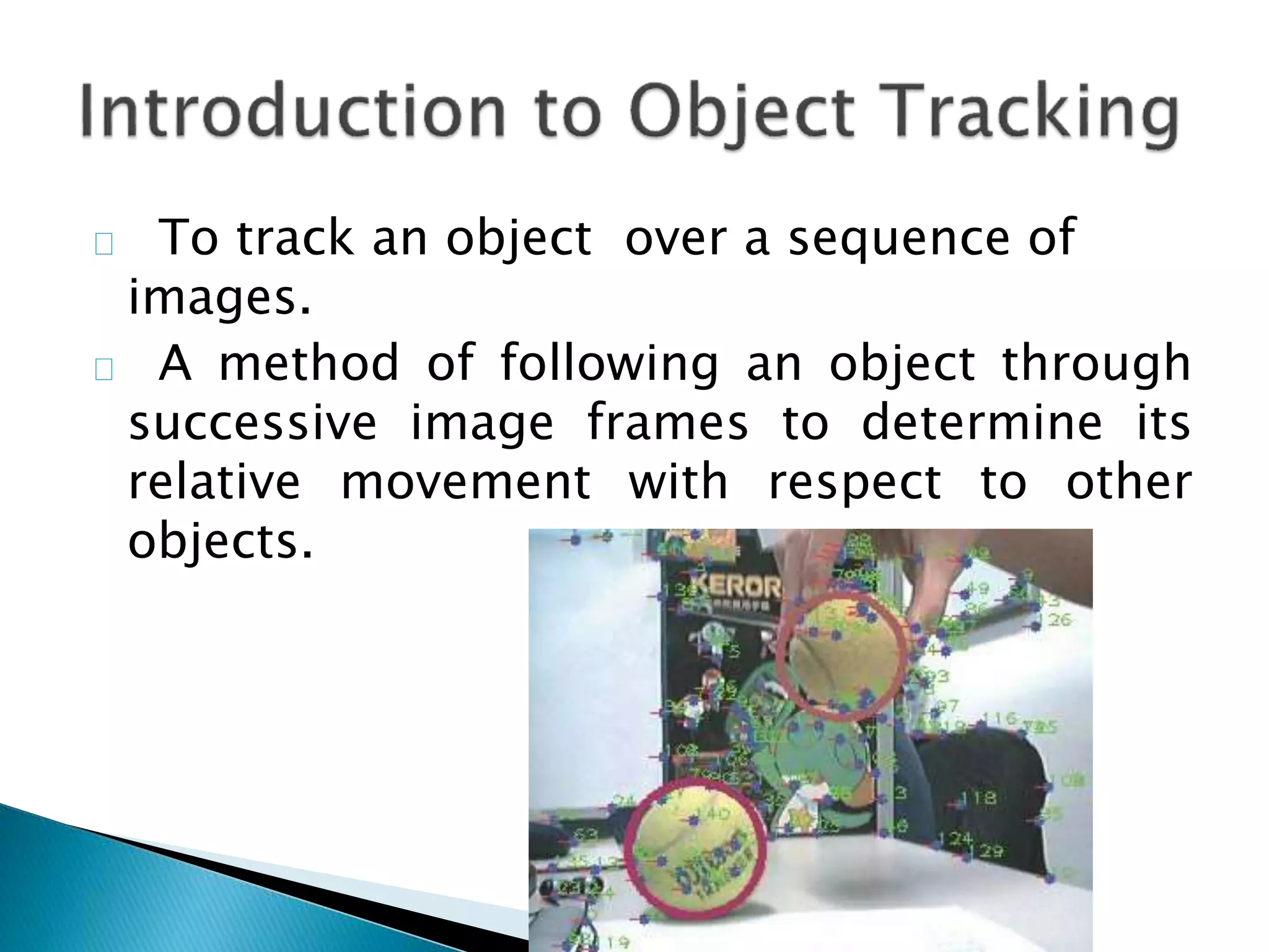 To track an object over a sequence of
images.
A method of following an object through
successive image frames to determine its
relative movement with respect to other
objects.
 