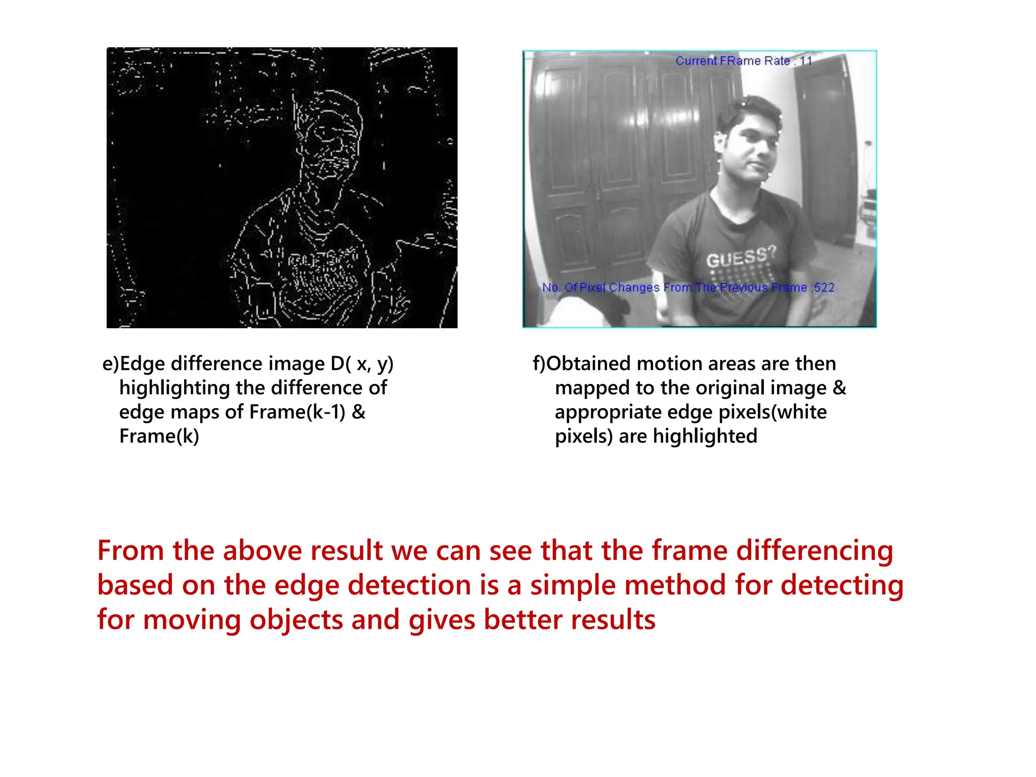 e)Edge difference image D( x, y)
highlighting the difference of
edge maps of Frame(k-1) &
Frame(k)
f)Obtained motion areas are then
mapped to the original image &
appropriate edge pixels(white
pixels) are highlighted
From the above result we can see that the frame differencing
based on the edge detection is a simple method for detecting
for moving objects and gives better results
 