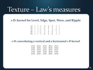 18Texture – Law’s measures1-D: kernel for Level, Edge, Spot, Wave, and Ripple2-D: convoluting a vertical and a horizontal 1-D kernel