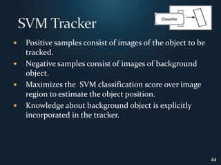 44SVM TrackerPositive samples consist of images of the object to be tracked.Negative samples consist of images of background object.Maximizes the  SVM classification score over image region to estimate the object position.Knowledge about background object is explicitly incorporated in the tracker.