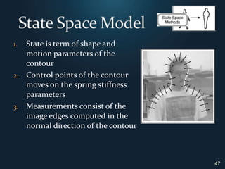 47State Space ModelState is term of shape and motion parameters of the  contourControl points of the contour moves on the spring stiffness parametersMeasurements consist of the image edges computed in the normal direction of the contour