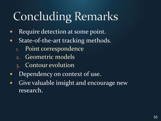 Require detection at some point.State-of-the-art tracking methods.Point correspondenceGeometric modelsContour evolutionDependency on context of use.Give valuable insight and encourage new research.Concluding Remarks55