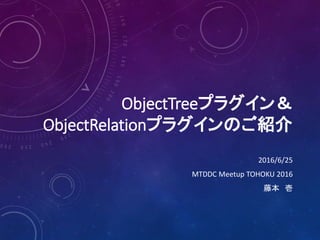 ObjectTreeプラグイン＆
ObjectRelationプラグインのご紹介
2016/6/25
MTDDC Meetup TOHOKU 2016
藤本 壱
 
