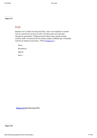 31/10/2020 Sem título
https://translate.googleusercontent.com/translate_f 117/199
Página 141
PAIS
Quando você é atirado em uma pista falsa, como você responde vai manter
você no controle da conversa ou rolar você direto para um crash-and-
situação de queimadura. Ultrapassar pistas falsas requer grande emoção
controle, então você precisa de um sistema simples e habitual que o mantenha
controle de impulsos emocionais - PAIS ( Figura 12.1 ):
Pausa
Reconhecer
Ignorar
Salve
Figura 12.1 Red Herring PAIS
Página 142
 