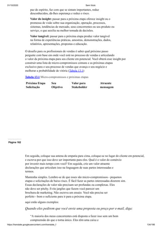 31/10/2020 Sem título
https://translate.googleusercontent.com/translate_f 134/199
paz de espírito, faz com que se sintam importantes, reduz
desconhecidos, dá-lhes esperança e reduz o risco.
Valor do insight: passar para a próxima etapa oferece insight ou o
promessa de visão sobre sua organização, operação, processos,
sistemas, tendências de mercado, seus concorrentes ou seu produto ou
serviço, o que auxilia na melhor tomada de decisões.
Valor tangível: passar para a próxima etapa produz valor tangível
na forma de experiências práticas, amostras, demonstrações, dados,
relatórios, apresentações, propostas e educação.
O desafio para os profissionais de vendas é saber qual próximo passo
pergunte com base em onde você está no processo de vendas e articulando
o valor da próxima etapa para seu cliente em potencial. Você obterá esse insight por
construir uma lista de micro-compromissos comuns e as próximas etapas
exclusivo para o seu processo de vendas que avança o seu negócio e
melhorar a probabilidade de vitória (Tabela 13.1)
Tabela 13.1 Micro-compromissos e próximas etapas
Próxima Etapa
Solicitação
Seu
Objetivo
Valor para
Stakeholder
Atraente
mensagem
Página 162
Em seguida, coloque sua antena de empatia para cima, coloque-se no lugar do cliente em potencial,
e escreva por que isso deve ser importante para eles. Qual é o valor do comércio
por investir mais tempo com você? Em seguida, crie um valor atraente
declarações que articulam isso na linguagem de suas partes interessadas e
termos.
Mantenha simples. Lembre-se de que esses são micro-compromissos - pequenos
etapas e solicitações de baixo risco. É fácil fazer as partes interessadas dizerem sim.
Essas declarações de valor não precisam ser profundas ou complexas. Eles
não deve ser pitchy. Evite jargões que fazem você parecer um
brochura de marketing. Não escreva um ensaio. Você não precisa ser
perfeito - bom o suficiente para ir para a próxima etapa.
aqui estão alguns exemplos:
Quando eles pedirem que você envie uma proposta ou preço por e-mail, diga:
“A maioria dos meus concorrentes está disposta a fazer isso sem um bom
compreensão do que o torna único. Eles têm uma caixa e
 