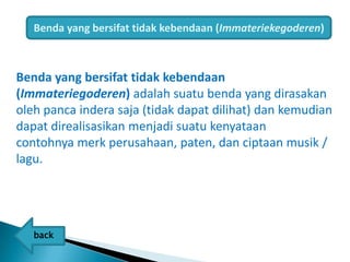 Benda yang bersifat tidak kebendaan (Immateriekegoderen)



Benda yang bersifat tidak kebendaan
(Immateriegoderen) adalah suatu benda yang dirasakan
oleh panca indera saja (tidak dapat dilihat) dan kemudian
dapat direalisasikan menjadi suatu kenyataan
contohnya merk perusahaan, paten, dan ciptaan musik /
lagu.




   back
 