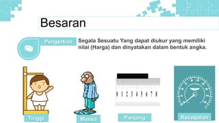 Besaran
Segala Sesuatu Yang dapat diukur yang memiliki
nilai (Harga) dan dinyatakan dalam bentuk angka.
Pengertian
Massa
Tinggi Panjang Kecepatan
 
