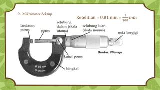 b. Mikrometer Sekrup
Ketelitian = 0,01 mm =
1
100
𝑚𝑚
 