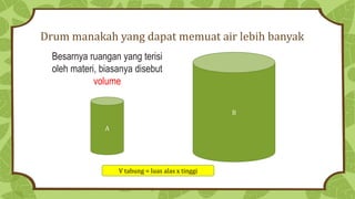 Drum manakah yang dapat memuat air lebih banyak
A
B
Besarnya ruangan yang terisi
oleh materi, biasanya disebut
volume
V tabung = luas alas x tinggi
 