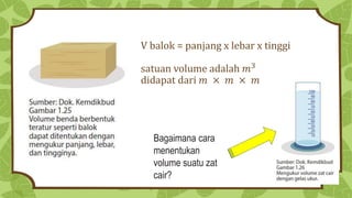 V balok = panjang x lebar x tinggi
satuan volume adalah 𝑚3
didapat dari 𝑚 × 𝑚 × 𝑚
Bagaimana cara
menentukan
volume suatu zat
cair?
 