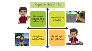 Memahami
berbagai hal di
sekitar kita
Menyelesaikan
masalah
Meningkatkan
kualitas hidup
Berpikir logis
dan sistematis
Kegunaan Belajar IPA
 