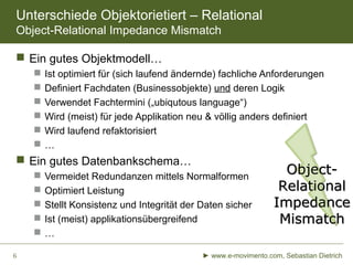 Unterschiede Objektorietiert – Relational
Object-Relational Impedance Mismatch
 Ein gutes Objektmodell…
 Ist optimiert für (sich laufend ändernde) fachliche Anforderungen
 Definiert Fachdaten (Businessobjekte) und deren Logik
 Verwendet Fachtermini („ubiqutous language“)
 Wird (meist) für jede Applikation neu & völlig anders definiert
 Wird laufend refaktorisiert
 …
 Ein gutes Datenbankschema…
 Vermeidet Redundanzen mittels Normalformen
 Optimiert Leistung
 Stellt Konsistenz und Integrität der Daten sicher
 Ist (meist) applikationsübergreifend
 …
Object-
Relational
Impedance
Mismatch
► www.e-movimento.com, Sebastian Dietrich6
 