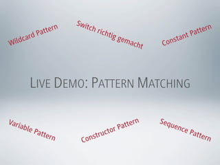 Swit
                tern          ch   rich                                    tern
             Pat                       tig g                           Pat
    d card                                     ema           nst ant
Wil                                                c ht    Co




         LIVE DEMO: PATTERN MATCHING

Vari                                                ern   Seq
     able                                       att           u ence
            Patt                          t or P                       Patt
                e   rn         st ruc                                       ern
                           Con
 