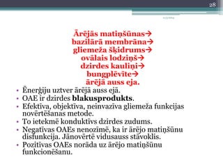 Ārējās matiņšūnas 
bazilārā membrāna 
gliemeža šķidrums 
ovālais lodziņš 
dzirdes kauliņi 
bungplēvīte 
ārējā auss eja. 
11/3/2014 
• Ēnerģiju uztver ārējā auss ejā. 
• OAE ir dzirdes blakusprodukts. 
• Efektīva, objektīva, neinvazīva gliemeža funkcijas 
novērtēšanas metode. 
• To ietekmē konduktīvs dzirdes zudums. 
• Negatīvas OAEs nenozīmē, ka ir ārējo matiņšūnu 
disfunkcija. Jānovērtē vidusauss stāvoklis. 
• Pozitīvas OAEs norāda uz ārējo matiņšūnu 
funkcionēšanu. 
28 
 