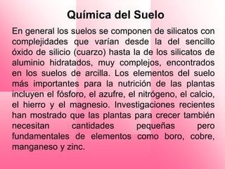 Química del Suelo
En general los suelos se componen de silicatos con
complejidades que varían desde la del sencillo
óxido de silicio (cuarzo) hasta la de los silicatos de
aluminio hidratados, muy complejos, encontrados
en los suelos de arcilla. Los elementos del suelo
más importantes para la nutrición de las plantas
incluyen el fósforo, el azufre, el nitrógeno, el calcio,
el hierro y el magnesio. Investigaciones recientes
han mostrado que las plantas para crecer también
necesitan       cantidades        pequeñas         pero
fundamentales de elementos como boro, cobre,
manganeso y zinc.
 