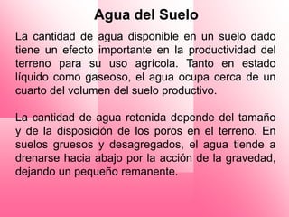 Agua del Suelo
La cantidad de agua disponible en un suelo dado
tiene un efecto importante en la productividad del
terreno para su uso agrícola. Tanto en estado
líquido como gaseoso, el agua ocupa cerca de un
cuarto del volumen del suelo productivo.

La cantidad de agua retenida depende del tamaño
y de la disposición de los poros en el terreno. En
suelos gruesos y desagregados, el agua tiende a
drenarse hacia abajo por la acción de la gravedad,
dejando un pequeño remanente.
 