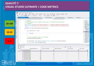 QUALITÉ !!
VISUAL STUDIO ULTIMATE > CODE METRICS
20-100
10-19
0- 9
http://blog.thavo.com/2010/03/how-many-rules-in-fxcop-and-stylecop.html
 