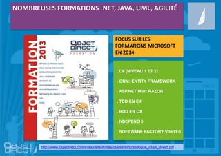 . C# (NIVEAU 1 ET 2)
. ORM: ENTITY FRAMEWORK
. ASP.NET MVC RAZOR
. TDD EN C#
. BDD EN C#
. NDEPEND 5
. SOFTWARE FACTORY VS+TFS
NOMBREUSES FORMATIONS .NET, JAVA, UML, AGILITÉ
FOCUS SUR LES
FORMATIONS MICROSOFT
EN 2014
http://www.objetdirect.com/sites/default/files/objetdirect/catalogue_objet_direct.pdf
 