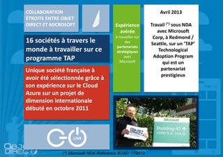 Expérience
avérée
à travailler sur
des
partenariats
stratégiques
avec
Microsoft
COLLABORATION
ÉTROITE ENTRE OBJET
DIRECT ET MICROSOFT
16 sociétés à travers le
monde à travailler sur ce
programme TAP
Unique société française à
avoir été sélectionnée grâce à
son expérience sur le Cloud
Azure sur un projet de
dimension internationale
débuté en octobre 2011
Avril 2013
Travail (*) sous NDA
avec Microsoft
Corp, à Redmond /
Seattle, sur un ‘TAP’
Technological
Adoption Program
qui est un
partenariat
prestigieux
(*) Microsoft NDA Reference IEAID: 179573
 