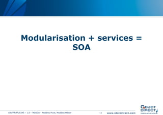 Modularisation + services =
                      SOA




GW/PR/PT/8345 – 1.0 – MDSOA - Modèles Pivot, Modèles Métier   11
 
