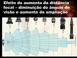Efeito do aumento da distância
focal – diminuição do ângulo de
visão e aumento da ampliação
 