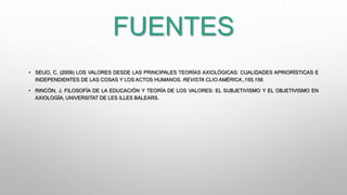 FUENTES
• SEIJO, C. (2009) LOS VALORES DESDE LAS PRINCIPALES TEORÍAS AXIOLÓGICAS: CUALIDADES APRIORÍSTICAS E
INDEPENDIENTES DE LAS COSAS Y LOS ACTOS HUMANOS. REVISTA CLIO AMÉRICA.,155,156.
• RINCÓN, J. FILOSOFÍA DE LA EDUCACIÓN Y TEORÍA DE LOS VALORES: EL SUBJETIVISMO Y EL OBJETIVISMO EN
AXIOLOGÍA, UNIVERSITAT DE LES ILLES BALEARS.
 
