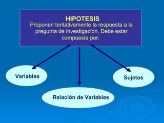 HIPOTESIS Proponen tentativamente la respuesta a la pregunta de investigación. Debe estar compuesta por:  Variables Relación de Variables Sujetos 