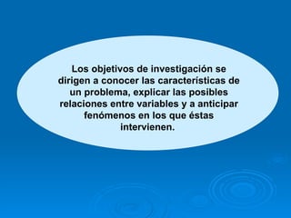 Los objetivos de investigación se dirigen a conocer las características de un problema, explicar las posibles relaciones entre variables y a anticipar fenómenos en los que éstas intervienen.  