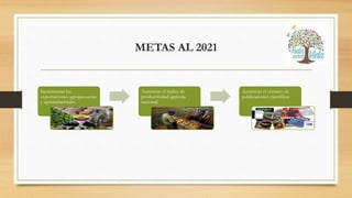 METAS AL 2021
Incrementar las
exportaciones agropecuarias
y agroindustriales
Aumentar el índice de
productividad agrícola
nacional
Aumentar el número de
publicaciones científicas
 