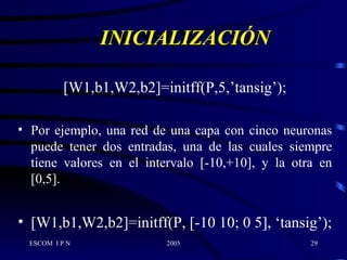INICIALIZACIÓN [W1,b1,W2,b2]=initff(P,5,’tansig’); Por ejemplo, una red de una capa con cinco neuronas puede tener dos entradas, una de las cuales siempre tiene valores en el intervalo [-10,+10], y la otra en [0,5]. [W1,b1,W2,b2]=initff(P, [-10 10; 0 5], ‘tansig’); 