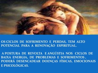 OS CICLOS DE SOFRIMENTO E PERDAS, TEM ALTO
POTENCIAL PARA A RENOVAÇÃO ESPIRITUAL.
A POSTURA DE REVOLTA E ANGÚSTIA NOS CICLOS DE
BAIXA ENERGIA, DE PROBLEMAS E SOFRIMENTOS ,
PODERÁ DESENCADEAR DOENÇAS FÍSICAS, EMOCIONAIS
E PSICOLÓGICAS.
 