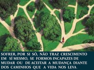 SOFRER, POR SI SÓ, NÃO TRAZ CRESCIMENTO
EM SÍ MESMO, SE FORMOS INCAPAZES DE
MUDAR OU DE ACEITAR A MUDANÇA DIANTE
DOS CAMINHOS QUE A VIDA NOS LEVA .
 