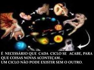 É NECESSÁRIO QUE CADA CICLO SE ACABE, PARA
QUE COISAS NOVAS ACONTEÇAM...
UM CICLO NÃO PODE EXISTIR SEM O OUTRO.
 