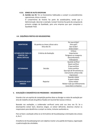 4.3.6. SENSO DE AUTO-DISCIPLINA
A. Sentido nos 5S: Ter os funcionários habituados a cumprir os procedimentos
operacionais, éticos e morais.
O cumprimento de horário faz parte da autodisciplina, sendo que a
Administração deve dar o exemplo. Cumprir horários faz parte da conquista do
primeiro estágio da Qualidade, para uma empresa que quer conquistar a
Qualidade Total.
4.4. SEQUÊNCIA PRÁTICA DO HOUSEKEEPING
IDENTIFICAR Os pontos ou áreas críticas sob a
ótica dos 5S
Por que é/são?
Para quê?
Que é/são?
Onde é/são?
ESTABELECER PARA OS
PONTOS OU
ÁREAS CRÍTICAS
Critérios de Avaliação
Críticos
Importantes
Perigosos ou inseguros
Desconfortáveis
Indesejáveis
DETERMINAR Decisão
Quando verificar
Quem verificar
O que verificar
Como verificar
Que tipo de ferramenta ou
instrumento utilizar (não
improvisar)
SE ACONTECER ALGO
ERRADO
Reportar
Quando relatar
A quem relatar
Como relatar
Relatar tudo que efetivamente
causa dano a empresa
5. AVALIAÇÃO E DIAGNÓSTICO DO PROGRAMA – HOUSEKEEPING
Visando criar um espírito de competição positivo deve-se divulgar as notas de avaliação por
área de trabalho através de gráficos fixados em local de fácil acesso e leitura.
Baseado nas avaliações, o colaborador verificará como está sua área nos 5S. Se o
desempenho estiver bom, devemos elogiar, se estiver deficiente, devemos chamar os
responsáveis para desafiá-los a cumprir as metas, inclusive auxiliando-os.
Para se fazer a avaliação utiliza-se os formulários de housekeeping e orientações dos anexos
A, B e C.
A Auditoria do Housekeeping tem com objetivo manter uma padrão de limpeza, organização
e padronização das atividades.
 