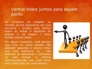 Vamos todos juntos para aquele
ponto
No ambiente de trabalho ou
familiar, já nos deparamos em uma
conversa / projeto para alinhar
sobre as metas e objetivos do
projeto X, da viagem Y entre
muitas outras coisas.
Em algum momento, você pensou
que uma ou outra pessoa não
estavam seguindo o mesmo ritmo
que você esperava, ou
não
estavam se dedicando o suficiente
ou
não
tinham
o
mesmo
capricho/atenção que você teria,
caso fosse feito por você mesmo.

 