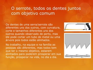O serrote, todos os dentes juntos
com objetivo comum
Os dentes de uma serra/serrote são
diferentes uns dos outros, com curvatura,
corte e tamanhos diferentes uns dos
outros quando observado de perto, mas
ele pode cortar um tubo de metal ou uma
árvore pois todos estão alinhados.
No trabalho, na equipe e na família as
pessoas são diferentes, mas todos tem
que ter o mesmo objetivo, estarem
alinhados para poderem prosperar em sua
função, prosperar na vida, no dia a dia.

 