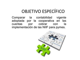 OBJETIVO ESPECÍFICO
Comparar la contabilidad vigente
adoptada por la cooperativa en las
cuentas por cobrar con la
implementación de las NIIF para pymes.
 