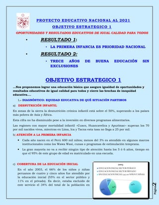 PROYECTO EDUCATIVO NACIONAL AL 2021
                           OBJETIVO ESTRATEGICO 1
  OPORTUNIDADES Y RESULTADOS EDUCATIVOS DE IGUAL CALIDAD PARA TODOS

         •         RESULTADO 1:
                       • LA PRIMERA INFANCIA ES PRIORIDAD NACIONAL

         •         RESULTADO 2:
                       • TRECE AÑOS               DE      BUENA        EDUCACIÓN           SIN
                         EXCLUSIONES


                       OBJETIVO ESTRATEGICO 1
…Nos proponemos lograr una educación básica que asegure igualdad de oportunidades y
resultados educativos de igual calidad para todos y cierre las brechas de inequidad
educativa….
   1.- DIAGNÓSTICO: EQUIDAD EDUCATIVA DE QUÉ SITUACIÓN PARTIMOS
a) DESNUTRICIÓN INFANTIL
En zonas de la sierra la desnutrición crónica infantil está sobre el 50%, superando a los países
más pobres de Asia y África.
Esta cifra no ha disminuido pese a la inversión en diversos programas alimentarios.
Las regiones con mayor mortalidad infantil –Cusco, Huancavelica y Apurímac– superan los 70
por mil nacidos vivos, mientras en Lima, Ica y Tacna esta tasa no llega a 25 por mil.
b) ATENCIÓN A LA PRIMERA INFANCIA
      Cada año nacen en el Perú 600 mil niños; menos del 3% es atendido en algunos marcos
       institucionales como los Wawa Wasi, cunas o programas de estimulación temprana.
      La gran mayoría no va a recibir ningún tipo de atención hasta los 5 ó 6 años, tiempo en
       que el 95% de este grupo de edad es matriculado en una escuela.


c) COBERTURA DE LA EDUCACIÓN INICIAL
   En el año 2003, el 66% de los niños y niñas
   peruanos de cuatro y cinco años fue atendido por
   la educación inicial (55% en el sector público y
   11% en el privado). Es decir, estaba excluido de
                                                                                                   2




   este servicio el 34% del total de la población en
                                                                                                   Página
 