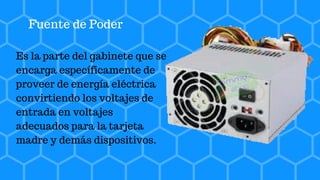 Fuente de Poder
Es la parte del gabinete que se
encarga específicamente de
proveer de energía eléctrica
convirtiendo los voltajes de
entrada en voltajes
adecuados para la tarjeta
madre y demás dispositivos.
 