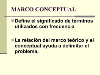 MARCO CONCEPTUAL Define el significado de términos utilizados con frecuencia La relación del marco teórico y el conceptual ayuda a delimitar el problema. 