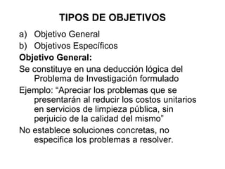 TIPOS DE OBJETIVOS Objetivo General  Objetivos Específicos Objetivo General: Se constituye en una deducción lógica del Problema de Investigación formulado  Ejemplo: “Apreciar los problemas que se presentarán al reducir los costos unitarios en servicios de limpieza pública, sin perjuicio de la calidad del mismo” No establece soluciones concretas, no especifica los problemas a resolver. 