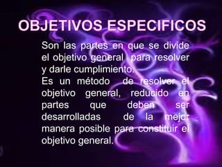 OBJETIVOS ESPECIFICOSSon las partes en que se divide el objetivo general  para resolver y darle cumplimiento.Es un método  de resolver el objetivo general, reducido en partes que deben ser desarrolladas  de la mejor manera posible para constituir el objetivo general.